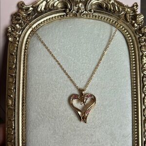 Vintage 14K GE GIO LIND Heart Pink & Clear Rhinestone Pendant Necklace
